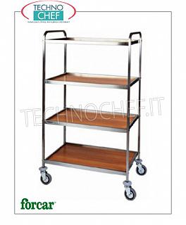 Chariots de service en acier inoxydable Chariot de service en acier inoxydable, marque FORCAR, avec 4 tablettes en mélaminé WALNUT et cadre périmétrique en acier inoxydable, GAMME COMPLÈTE