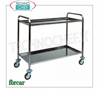 Chariots de service en acier inoxydable avec 2 étagères pliées, capacité 80 kg Chariot de service en acier inoxydable, marque FORCAR, avec 2 étagères pliées, capacité max 80 Kg, GAMME COMPLÈTE