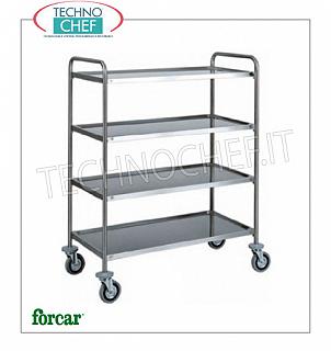 Chariots de service en acier inoxydable Chariot de service en acier inoxydable. Marque FORCAR, avec 4 dessus imprimés, capacité maximale 100 kg, dim.mm.870x590x1400h