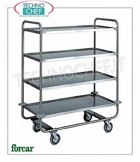 Chariots de service en inox Chariot de service en acier inoxydable, marque FORCAR, avec 4 étagères embouties, capacité max 150 Kg, dim.mm.1100x600x1300h