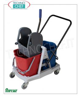 Chariot de nettoyage des sols avec essoreuse 2 seaux Chariot d'essorage, marque FORCAR, complet de 2 seaux de 25 litres, essoreuse en plastique, poignée réversible et 4 roues pivotantes, dim.mm.710x430x930h