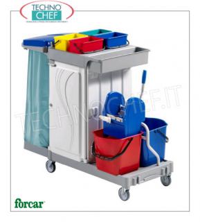 Forcar - Chariot de nettoyage, 2 seaux lt.15, Essoreuse, Porte-sac, Compartiment central, mod.CA1616 Chariot polyvalent pour le nettoyage, complet avec essoreuse, boîte moyenne, panier à bouteilles, porte-sac, 4 seaux de 4 lt et 2 seaux de 15 lt, crochets à balais, compartiment central avec tiroir coulissant, roues Ø 100 mm, dim.mm.1330x680x1240h