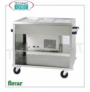 Présentoirs réfrigérés Chariot frigorifique en acier inoxydable de marque FORCAR, pour 3 conteneurs Gastro-Norm 1/1 (non inclus) ou sous-multiples, température + 2 ° / + 10 ° C, V.230 / 1, Kw.0.25, dim.mm. 1240x720x940h