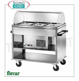 Présentoirs réfrigérés Chariot frigorifique en acier inoxydable de marque FORCAR, pour 3 conteneurs Gastro-Norm 1/1 (exclus) ou sous-multiples, complet avec dôme en plexiglas, température -5 ° / + 5 ° C, V.230 / 1, Kw.0, 25, dim.mm.1240x720x1260h