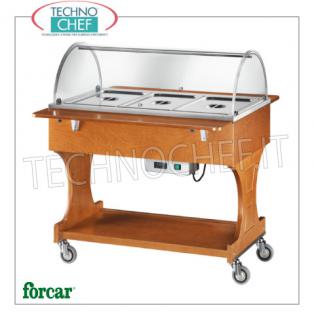 FORCAR - Technochef, Chariot chaud au bain-marie, 3 bacs GN 1/1, Mod.CL2777 Vitrine chauffante à bain-marie en bois couleur NOYER, marque FORCAR, équipée d'un dôme en plexiglas, de 2 étagères de support et d'une étagère inférieure, capacité 3 récipients GN 1/1 (exclus), température + 30 ° / + 90 ° C, V.230 / 1, Kw.2.00, dim.mm.1110x1120x1250h