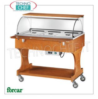 FORCAR - Technochef, Chariot chaud au bain-marie, 3 bacs GN 1/1, Mod.CL2778 Vitrine chauffante au bain-marie en bois coloré NOCE, marque FORCAR, complète avec dôme en plexiglas, 2 tablettes de soutien et tablette inférieure, capacité 3 récipients GN 1/1 (non inclus), température + 30 ° / + 90 ° C, V .230 / 1, Kw.2.00, dim.mm.1110x900x126