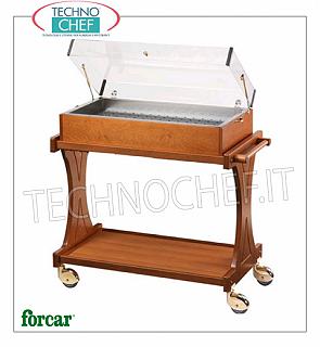 Chariots d'affichage réfrigérés Chariot réfrigéré pour gâteaux, fromages et amuse-gueule en bois de couleur NOYER ou WENGE, marque FORCAR, complet avec dôme en plexiglas, 8 plaques eutectiques et tablette inférieure, capacité totale 50 kg, dim.mm.1060x550x1080h