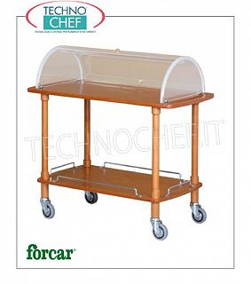 Bonbons et autres véhicules pour le fromage en bois Panier de bonbons, fromages et entrées en bois massif avec dôme en plexiglas semi-circulaire ouverte sur 2 côtés, Marque FORCAR, 2 étages en plusieurs couches colorées NOYER, 4 roulettes diam.95 mm, dim.mm.1100x550x1070h