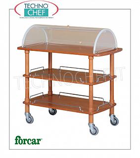 Bonbons et autres véhicules pour le fromage en bois Panier de bonbons, fromages et entrées en bois massif avec dôme en plexiglas semi-circulaire ouverte sur 2 côtés, Marque FORCAR, 3 étages en plusieurs couches colorées NOYER, 4 roulettes diam.95 mm, dim.mm.1100x550x1140h