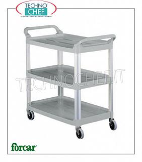 Chariots de service avec structure en aluminium et 3 étagères en plastique Chariot de service en aluminium et plastique, marque FORCAR, avec 3 étagères et montants en aluminium, dim.mm.850x430x950h