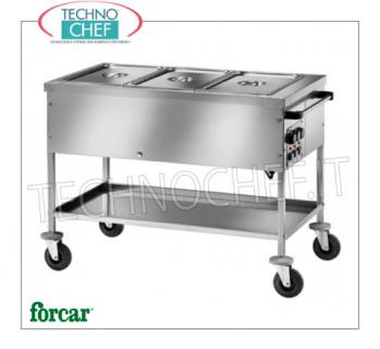 FORCAR - Technochef, Chariot chaud au bain-marie, Mod.CT1758TD Chariot bain-marie en acier inoxydable, marque FORCAR, avec bac pour 2 bassins Gastro-Norm 1/1, h 150 mm (non compris) et tablette inférieure, thermostat réglable à + 30 ° / + 90 ° C pour chaque bassin, V.230 / 1, Kw.2,00, dim.mm.840x650x850h