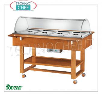 FORCAR - Technochef, Chariot chaud au bain-marie, 4 bacs GN 1/1, modèle ELC2832 Vitrine chauffante au bain-marie couleur NOYER, marque FORCAR, complète avec dôme en plexiglas, 2 tablettes de soutien et tablette inférieure, capacité 4 GN 1/1 (exclue), température + 30 ° / + 90 ° C, V.230 / 1, Kw.2.00, dim.mm.1480x1120x1250h