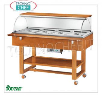 FORCAR - Technochef, Chariot chaud au bain-marie, 4 bacs GN 1/1, modèle ELC2834 Vitrine chauffante au bain-marie couleur NOYER, marque FORCAR, complète avec dôme en plexiglas, 2 tablettes de soutien et tablette inférieure, capacité 4 GN 1/1 (exclue), température + 30 ° / + 90 ° C, V.230 / 1, Kw.2.00, dim.mm.1480x900x1260h