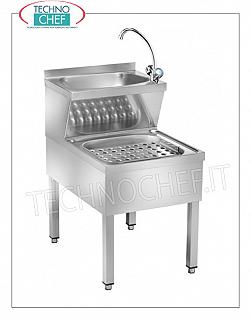 LAVABO EN ACIER INOXYDABLE professionnel-industriel avec RÉSERVOIR SUPÉRIEUR et RÉSERVOIR INFÉRIEUR pour Chiffons, Lave-mains en acier inoxydable avec vasque semi-circulaire, avec évier pour STRACCI en dessous avec mitigeur desservant les 2 réservoirs, dimensions 700x500x890h mm