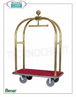 Forcar - CHARIOT POUR SACS / ETUIS AVEC PORTE-MANTEAUX, art. PV2001 Chariot à linge et porte-sac, avec structure en tube d'acier LAITON ou INOX, étagère en bois recouverte de tapis, dim.mm.1240x640x1900h