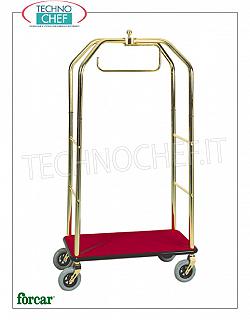Forcar - CHARIOT À BAGAGES / À BAGAGES AVEC APPÉDIABITI, art. PV4062 Chariot à linge et support de voiturier, marque FORCAR, avec structure en tube d'acier LAITON ou CHROMÉ, plateau en bois recouvert de tapis, 4 roues pivotantes, dim.mm.950x550x1900h