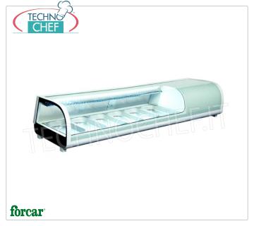 Vitrine réfrigérée pour Sushi, capacité 6 bols GN 1/3, Marque FORCAR EXPOSANTS REFRIGERES POUR SUSHI, FORCAR Brand, capacité 6 cuves GN 1/3, température de fonctionnement 0 ° / + 12 ° C, V.230 / 1, Kw.0.19, dim.mm.1529x420x265h