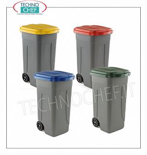 Poubelles pour collecte séparée Poubelles en polyéthylène sur 2 roues, avec couvercles COLORÉS à commande manuelle, capacité lt.100, dim.mm.540x490x850h.