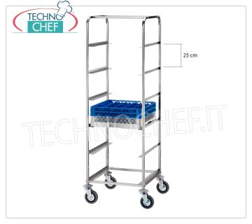 CHARIOT avec 6 guides pour PANIERS À LAVE-VAISSELLE Chariot avec rails de guidage 25 cm, pour 6 paniers Lave-vaisselle en acier inoxydable, dim.mm.650x650x1700h