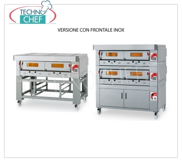 Four à pizza modulaire à gaz, ligne ECO GAS, salle avec dessus réfractaire pour 4 pizzas Four à pizza au gaz MODULAIRE, pour 4 pizzas, version avec PANNEAU AVANT, CHAMBRE 610x640x150h mm avec REFRACTORY TOP, 12000 Kcal / h puissance calorifique, Poids 120 Kg, dimensions extérieures 960x1050x520h mm