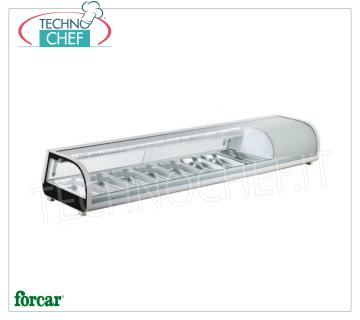 Vitrine réfrigérée pour Sushi, capacité 8 bols GN 1/3, Marque FORCAR EXPOSANT RÉFRIGÉRÉ POUR SUSHI, FORCAR Brand, capacité 8 récipients GN 1/3, température de fonctionnement 0 ° / + 12 ° C, V.230 / 1, Kw.0.19, dim.mm.1800x420x265h