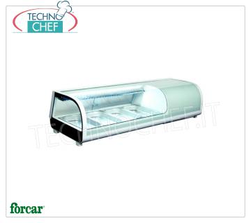 Vitrine réfrigérée pour Sushi, capacité 4 GN 1/3 bassins, marque FORCAR EXPOSANTS REFRIGERES POUR SUSHI, marque FORCAR, capacité 4 cuves GN 1/3, température de fonctionnement 0 ° / + 12 ° C, V.230 / 1, Kw.0.19, dim.mm.1177x420x265h