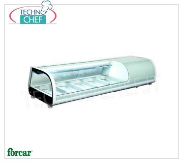 Vitrine réfrigérée pour Sushi, capacité 5 GN 1/3 bassins, marque FORCAR EXPOSANTS REFRIGERES POUR SUSHI, marque FORCAR, capacité 5 cuves GN 1/3, température de fonctionnement 0 ° / + 12 ° C, V.230 / 1, Kw.0.19, dim.mm.1352x420x265h