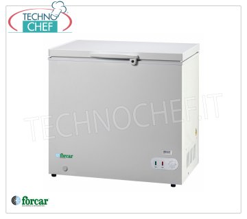 Forcar - CONGÉLATEUR DE PIT, 252 lt, Temp. ≤ -18, Statique, Classe F, mod.G-BD305S Congélateur coffre horizontal, Ligne ECO, extérieur en acier peint en blanc, capacité 252 litres, température ≤ -18, réfrigération statique, ÉCOLOGIQUE en CLASSE F, Gaz R600a, V.230/1, Kw.0,072, Poids 40 Kg, dim .mm. 1125x580x850h