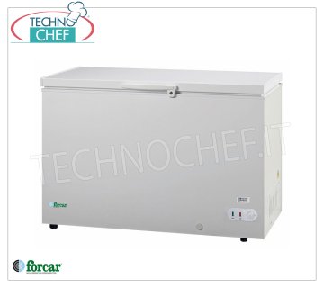 Forcar - CONGELATEUR DE PIT, lt.368, Statique, Temp. ≤ -18, Classe F, mod.G-BD450S Congélateur coffre horizontal, Ligne ECO, extérieur en acier peint en blanc, capacité 368 litres, température ≤ -18, réfrigération statique, ÉCOLOGIQUE en Classe F, Gaz R600a, V.230/1, Kw.0,086, Poids 51 Kg, dim.mm. 1275x750x850h