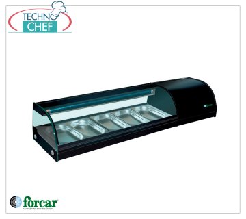 Forcar - Vitrine réfrigérée pour Sushi, capacité 5 bacs GN 1/3 h 40 mm, mod.G-SSS1500 Vitrine réfrigérée pour Sushi, capacité 5 bacs GN 1/3, Classe B, température +0°/+6°C, V.230/1, Kw.0,16, dim.mm.1500x415x300h