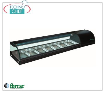 Forcar - Vitrine réfrigérée pour Sushi, capacité 7 bacs GN 1/3 h 40 mm, mod.G-SSS1800 Vitrine réfrigérée pour Sushi, capacité 7 bacs GN 1/3, Classe B, température +0°/+6°C, V.230/1, Kw.0,23, dim.mm.1800x415x300h