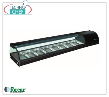 Forcar - Vitrine réfrigérée pour Sushi, capacité 8 bacs GN 1/3 h 40 mm, mod.G-SSS2000 Vitrine réfrigérée pour Sushi, capacité 8 bacs GN 1/3, Classe C, température +0°/+6°C, V.230/1, Kw.0,23, dim.mm.2000x415x300h