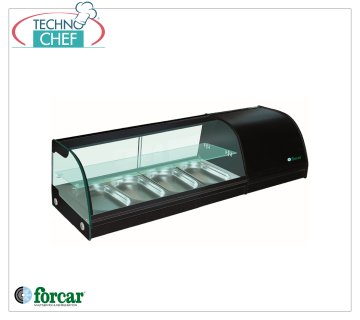 Forcar - Vitrine réfrigérée pour Sushi, 2 étagères, capacité 4 bacs GN 1/3 h 40 mm, mod.G-TS1200 Vitrine réfrigérée pour Sushi, 2 niveaux, capacité 4 bacs GN 1/3, Classe B, température +4°/+8°C, V.230/1, Kw.0,16, dim.mm.1200x415x300h