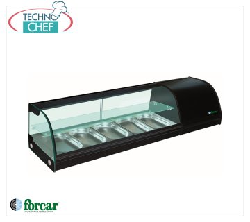 Forcar - Vitrine réfrigérée pour Sushi, 2 étagères, capacité 5 bacs GN 1/3 h 40 mm, mod.G-TS1500 Vitrine réfrigérée pour Sushi, 2 niveaux, capacité 5 bacs GN 1/3, Classe B, température +4°/+8°C, V.230/1, Kw.0,16, dim.mm.1500x415x330h