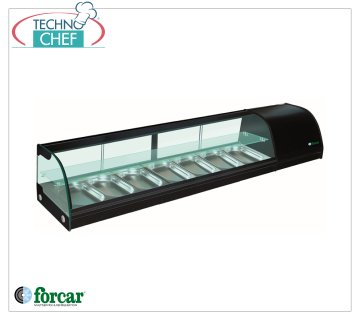 Forcar - Vitrine réfrigérée pour Sushi, 2 étagères, capacité 7 bacs GN 1/3 h 40 mm, mod.G-TS1800 Vitrine réfrigérée pour Sushi, 2 niveaux, capacité 7 bacs GN 1/3, Classe B, température +4°/+8°C, V.230/1, Kw.0,23, dim.mm.1800x415x300h