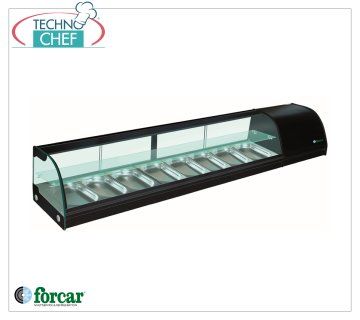 Forcar - Vitrine réfrigérée pour Sushi, 2 étagères, capacité 8 bacs GN 1/3 h 40 mm, mod.G-TS2000 Vitrine réfrigérée pour Sushi, 2 étagères, capacité 8 bacs GN 1/3, Classe C, température +4°/+8°C, V.230/1, Kw.0,23, dim.mm.2000x415x300h