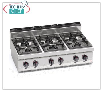 TECHNOCHEF - CUISINIÈRE À GAZ 6 FEUX TOP, Kw.42, Mod.G7F6BP CUISINIÈRE À GAZ 6 FEUX, BERTO'S, Ligne MACROS 700, Série MAX POWER, puissance thermique Kw.42,00, Poids 67 Kg, dim.mm.1200x700x290h
