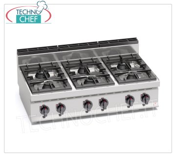 TECHNOCHEF - CUISINIÈRE À GAZ TOP 6 FEUX, Kw.31,5, Mod.G7F6B CUISINIÈRE À GAZ 6 FEUX, BERTO'S, Ligne MACROS 700, Série HIGH POWER, puissance thermique Kw.31,5, Poids 67 Kg, dim.mm.1200x700x290h