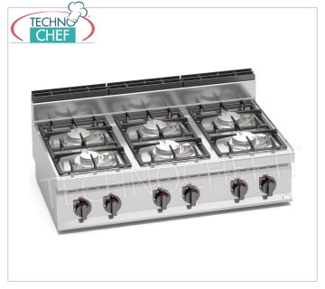 TECHNOCHEF - CUISINIÈRE À GAZ 6 FEUX TOP, Kw.33,5, Mod.G7F6BPW CUISINIÈRE À GAZ 6 FEUX, BERTO'S, Ligne MACROS 700, Série ECO POWER, puissance thermique Kw.33,5, Poids 49 Kg, dim.mm.1200x700x290h