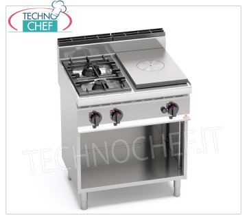 TECHNOCHEF - CUISINE COMBINÉE avec TABLE DE CUISSON et 2 BRÛLEURS sur ARMOIRE OUVERTe, Kw.17,5, Mod.G7T4P2FM CUISINE COMBINÉE avec TABLE DE CUISSON À GAZ et 2 BRÛLEURS sur ARMOIRE OUVERTE, Ligne BERTOS, MACROS 700, Série HIGH POWER, puissance thermique 17,5 kW, poids 85 Kg, dim.mm.800x700x900h