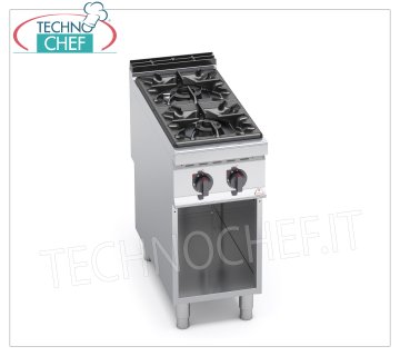 TECHNOCHEF - CUISINIÈRE À GAZ 2 FEUX sur ARMOIRE OUVERTE, mod. G9F2M CUISINIÈRE À GAZ 2 FEUX sur ARMOIRE OUVERTE, Ligne BERTOS MAXIMA 900, Série HIGH POWER, puissance thermique Kw.19,00, Poids 59 Kg, dim.mm.400x900x900h