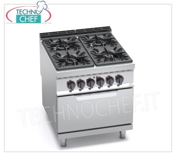 TECHNOCHEF - CUISINIÈRE À GAZ 4 FEUX sur FOUR ÉLECTRIQUE GN 2/1, mod. G9F4+FE CUISINIÈRE À GAZ 4 FEUX sur FOUR ÉLECTRIQUE GN 2/1, Ligne BERTOS MAXIMA 900, Série HIGH POWER, puissance thermique Kw 34,5 + Kw 7,5, Poids 158 Kg, dim.mm.800x900x900h