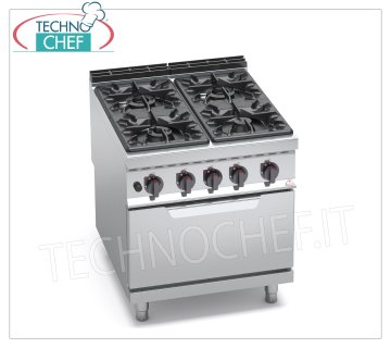 TECHNOCHEF - CUISINIÈRE À GAZ 4 FEUX sur FOUR À GAZ GN 2/1, mod. G9F4+FG CUISINIÈRE À GAZ 4 FEUX sur FOUR À GAZ GN 2/1, Ligne BERTOS MAXIMA 900, Série HIGH POWER, tot. Kw.42,3, Poids 149 Kg, dim.mm.800x900x900h