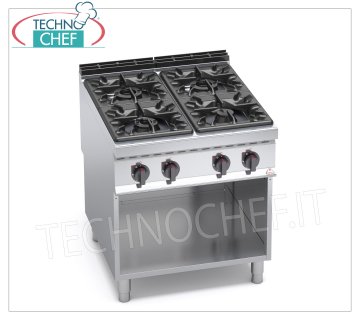 TECHNOCHEF - CUISINIÈRE À GAZ 4 FEUX sur ARMOIRE OUVERTE, mod. G9F4M CUISINIÈRE À GAZ 4 FEUX sur ARMOIRE OUVERTE, Ligne BERTOS MAXIMA 900, Série HIGH POWER, puissance thermique Kw.34,5, Poids 104 Kg, dim.mm.800x900x900h