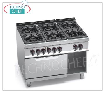 TECHNOCHEF - CUISINIÈRE À GAZ 6 FEUX sur FOUR ÉLECTRIQUE GN 2/1, Kw.53,5+7,5, mod. G9F6+FE CUISINIÈRE GAZ 6 FEUX sur FOUR ÉLECTRIQUE GN 2/1, Ligne BERTOS MAXIMA 900, Série HIGH POWER, puissance thermique Kw 53,5 + Kw 7,5, Poids 210 Kg, dim.mm.1200x900x900h