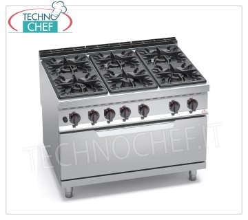 TECHNOCHEF - CUISINIÈRE À GAZ 6 FEUX sur FOUR À GAZ, mod. G9F6+T CUISINIÈRE À GAZ 6 FEUX sur FOUR À GAZ, Ligne BERTOS MAXIMA 900, Série HIGH POWER, tot. Kw.65,5, Poids 226 Kg, dim.mm.1200x900x900h