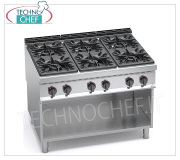 TECHNOCHEF - CUISINIÈRE À GAZ 6 FEUX sur ARMOIRE OUVERTE, mod. G9F6M CUISINIÈRE À GAZ 6 FEUX sur ARMOIRE OUVERTE, Ligne BERTOS MAXIMA 900, Série HIGH POWER, puissance thermique Kw.53,5, Poids 140 Kg, dim.mm.1200x900x900h