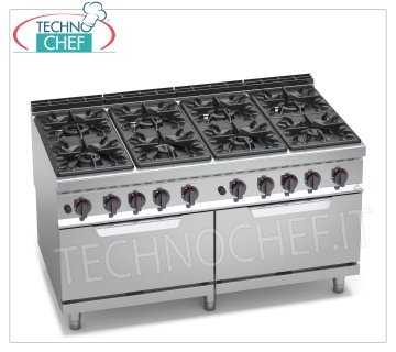 TECHNOCHEF - CUISINIÈRE À GAZ 8 FEUX sur 2 FOURS À GAZ GN 2/1, mod. G9F8+2FG CUISINIÈRE À GAZ 8 FEUX sur 2 FOURS À GAZ GN 2/1, ligne BERTOS MAXIMA 900, série HIGH POWER, puissance calorifique totale. Kw.84.6, Poids 260 Kg, dim.mm.1600x900x900h