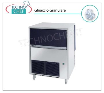 MACHINE À GLAÇONS GRANULÉS 155 Kg/24h, DÉPÔT 40 kg Machine à glace granulaire, dépôt 40Kg, extérieur en acier inoxydable, refroidi par air, V 230/1, Kw 0,65, rendement 155 Kg/24 heures, dimensions 738x690x920h mm, poids 85 Kg.