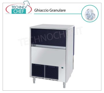 MACHINE À GLAÇONS GRANULÉS 155 Kg/24h, DÉPÔT 55 kg Machine à glace granulaire, dépôt 55Kg, extérieur en acier inoxydable, refroidi par air, V 230/1, Kw 0,65, rendement 155 Kg/24 heures, dimensions 738x690x1020h mm, poids 94 Kg.